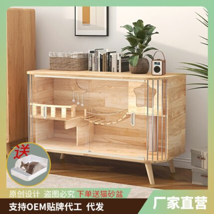 New Cat Cabinet Solid Wood Indoor Cat Villa Shared Tv Cabinet For People And Pets Double-Layer Cat Cage Cat House Display Cabinet Pet Cat